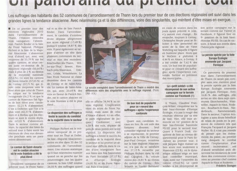 Régionales - résultats DNA 16 03 10 Un panorama du premier tour