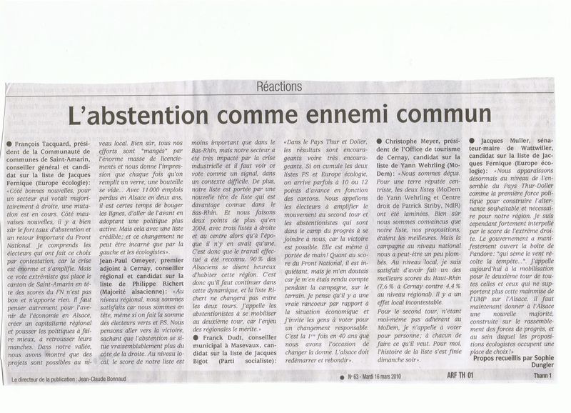Régionales - résultat DNA Thann 16 03 10 Réactions