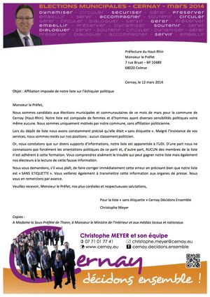 Cernay - lettre au préfet mars 2014